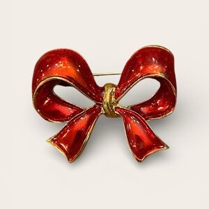 Vintage Red Enamel Gold Tone Bow Brooch Pin Estate Holiday Christmas Festive